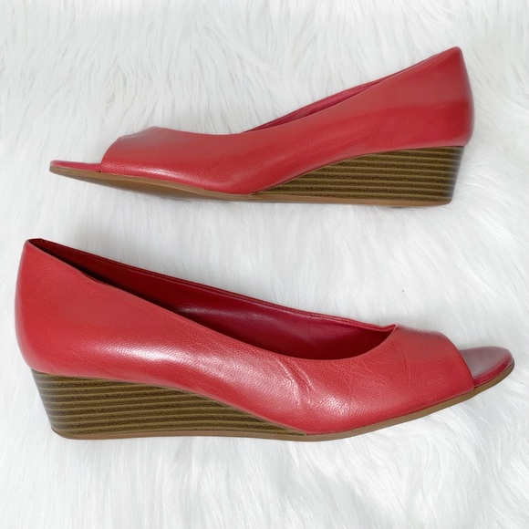 SOLD-Cole Haan Leather Peep Toe Low Heel Red Wedge Slip On Shoes - Picture 7 of 14